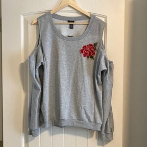 Rue21 Heather Gray Cold Shoulder Pullover with Rose Embroidered Accent